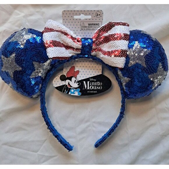 Disney Minnie Mouse Red White Blue Silver Star Sequin Ears 4th Of July Headband - Picture 1 of 1